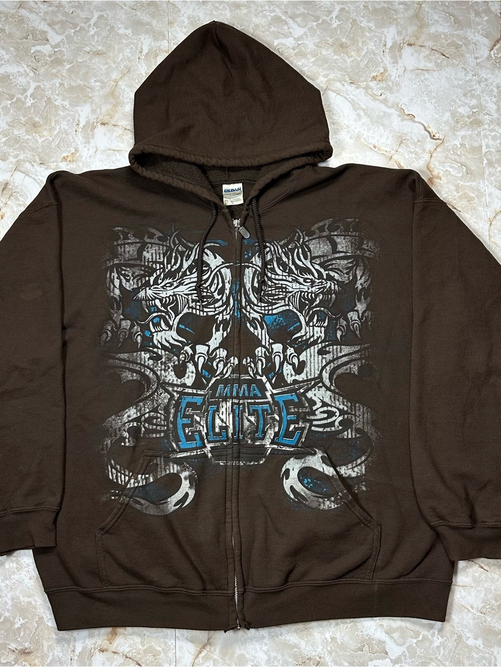 Vintage MMA Elite Brown Grunge Dragon Y2K Full Zip-Up Hoodie Men’s Size 2XL